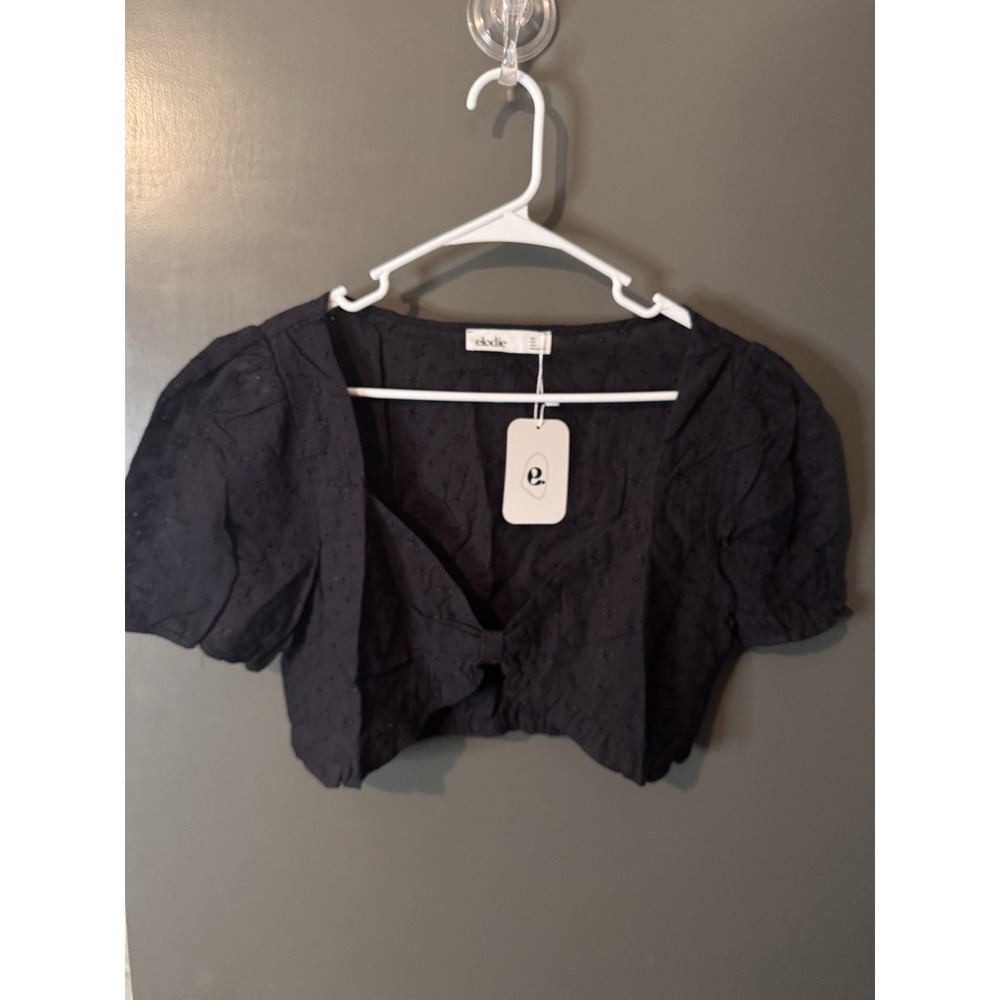 Elodie by Anthropologie Cropped Eyelet Blouse – Black – Puff Sleeves – Sz SMALL